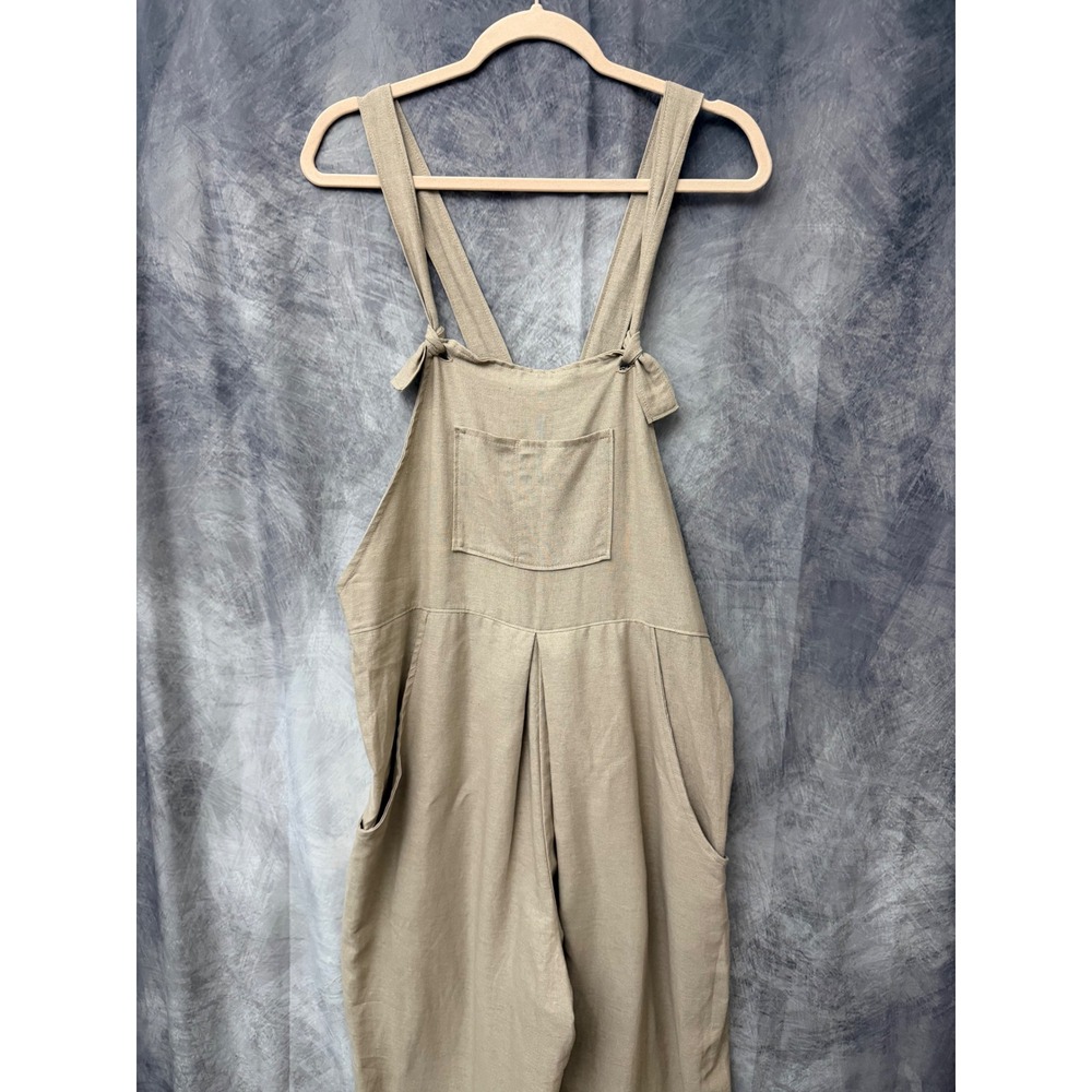 Farmhouse Frocks Tan Linen Blend Wide Leg Tie Strap Overalls Womens Small